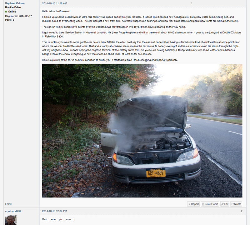 On the side of the Taconic with my dearly departed $600 Lexus ES300. Photo Credit: Raphael Orlove